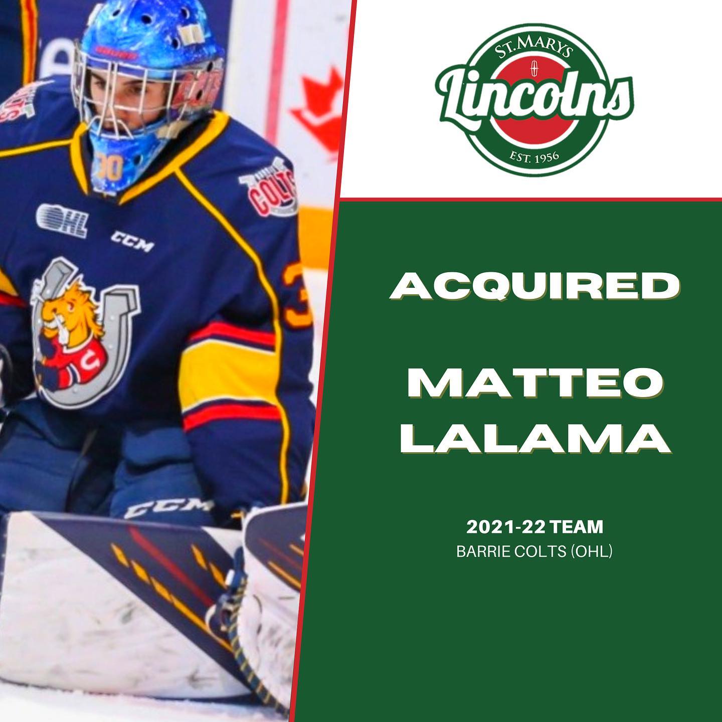 TRADE ALERT - The Lincs have acquired 20 year old Goaltender, Matteo Lalama from the OHL’s Barrie Colts! Welcome to the Stonetown #NewLinc @gojhl @519sportsonline
