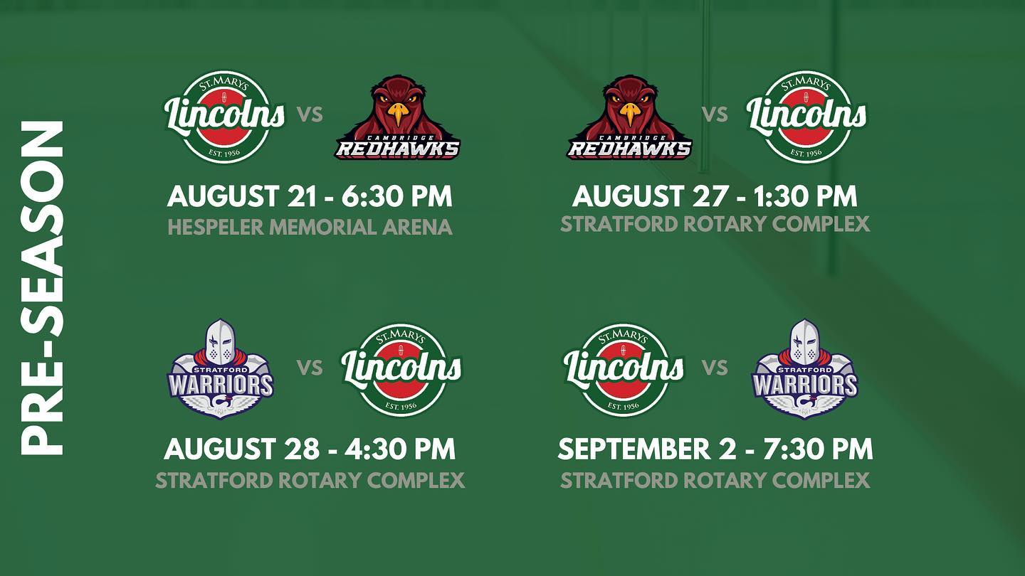 Exhibition Schedule - come catch the Lincs in pre-season action for only $5! Home games at the Stratford Rotary Complex for now, but don’t worry, we are back at the PRC for the Home Opener on Friday, September 9th! #WeAreLincolns