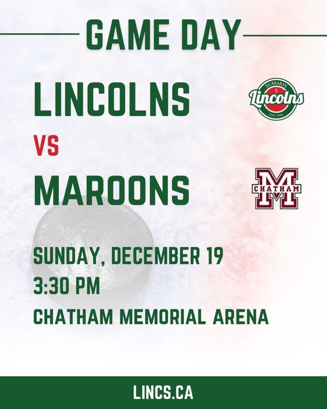 GAME DAY - Lincs head to Chatham to take on the Maroons today. As always, catch the game on St. Marys Radio!