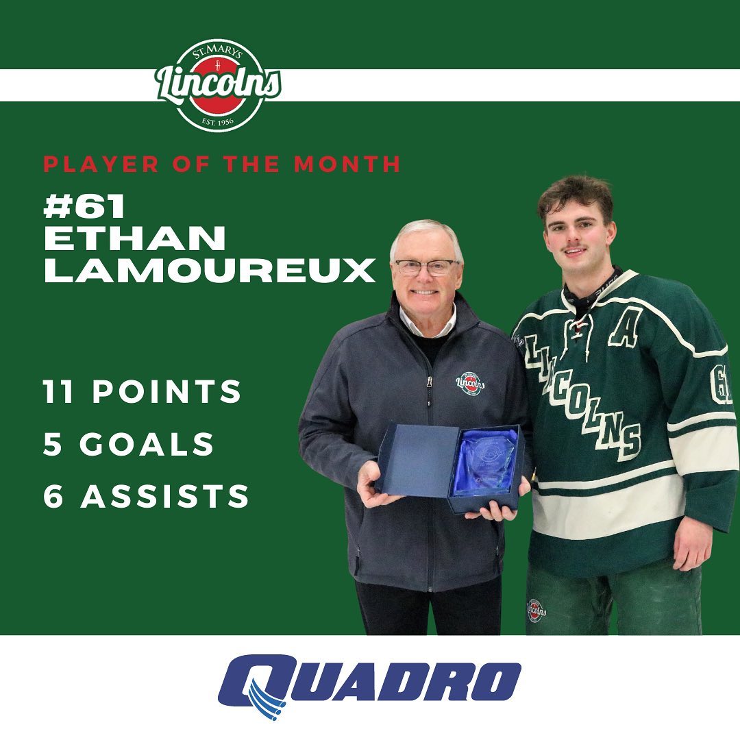 Your Quadro Communications Co-operative Inc. Player of the Month for November is Ethan Lamoureux! Ethan posted 6 goals and 5 assists for 11 total points in the month. The award was recently presented by Lincs’ Vice President, Bill Lowe. Congrats to Ethan and thanks again to #Quadro