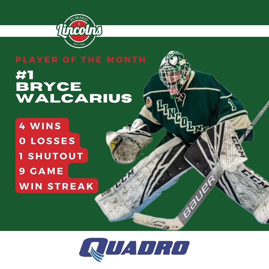 Your @quadrocommunications Player of the Month for December was Goaltender Bryce Walcarius! Bryce posted a solid 4-0 record including a shutout, and carries over an outstanding 9 game win streak into the New Year! Congrats Wally, and thanks to Player of the Month sponsor, Quadro Communications!