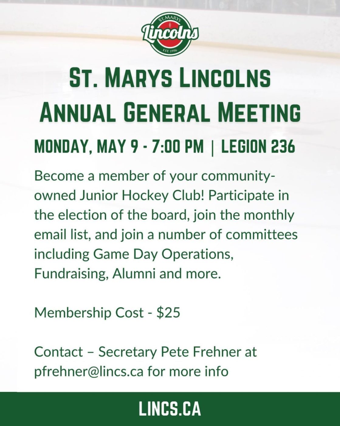 Get involved with your community-owned St. Marys Lincolns! Become a member and attend our AGM on May 9th.  Have your say in the operation of the team by becoming a member. Email Lincs Executive Pete Frehner for more info or to signup today #WeAreLincolns