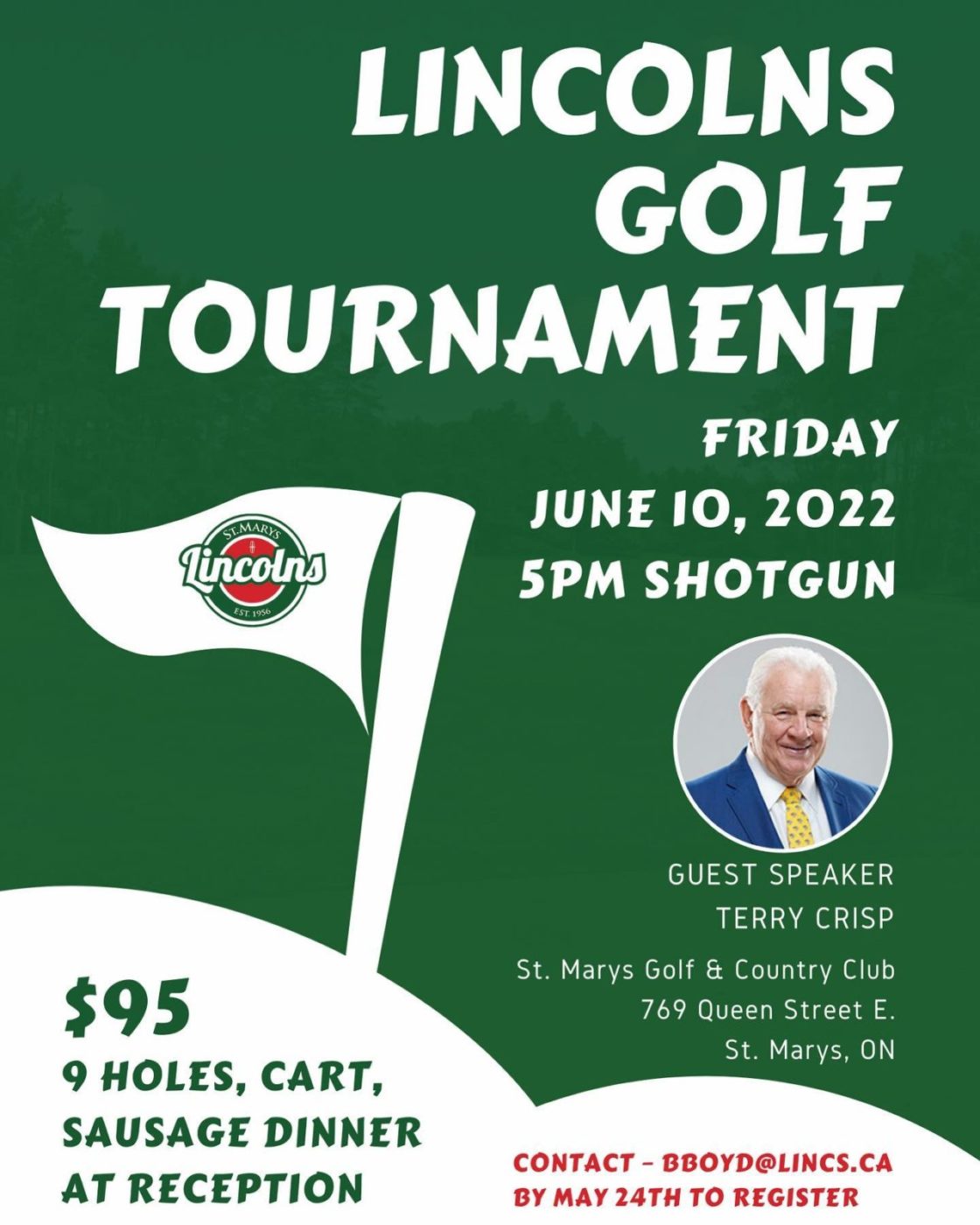 REGISTER TODAY - The annual Lincs Golf  Tournament is on Friday, June 10th with special Guest Speaker, Terry Crisp! This 9 hole event hosted by St. Marys Golf and Country Club starts at 5pm, followed by a reception in the Ballroom. With hole prizes, live auction and stories from NHL legend Terry Crisp, you won’t want to miss it! #WeAreLincolns @stmarysgolf